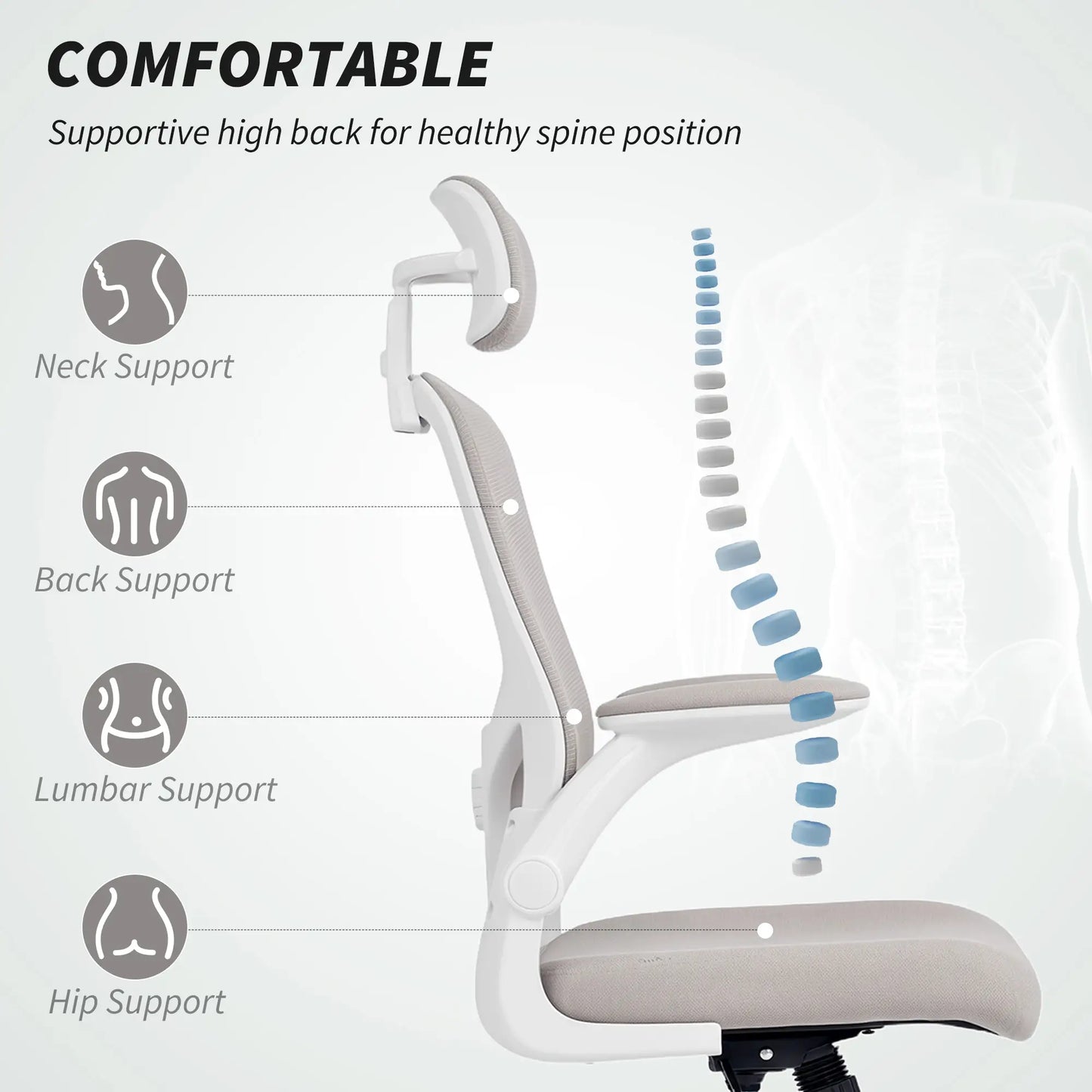 Mesh Office Chair, Adjustable Headrest, Lumbar Support, Flip-Up Armrests, Grey Task Chairs at Gallery Canada