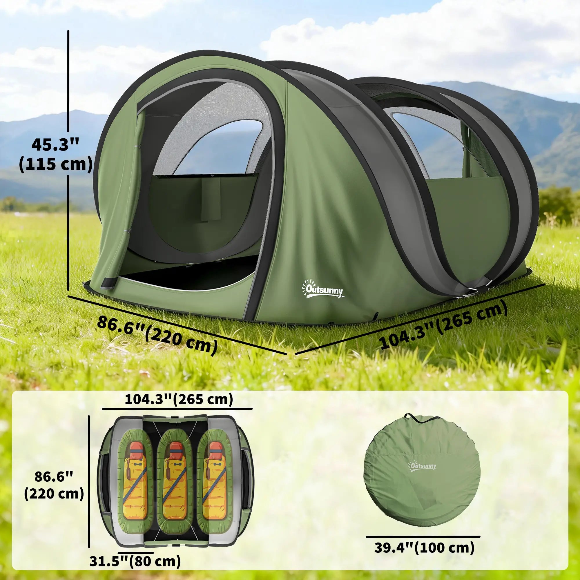 4-5 Person Pop-Up Camping Tent, Waterproof, 2 Doors 2 Windows, Green Camping Tents at Gallery Canada