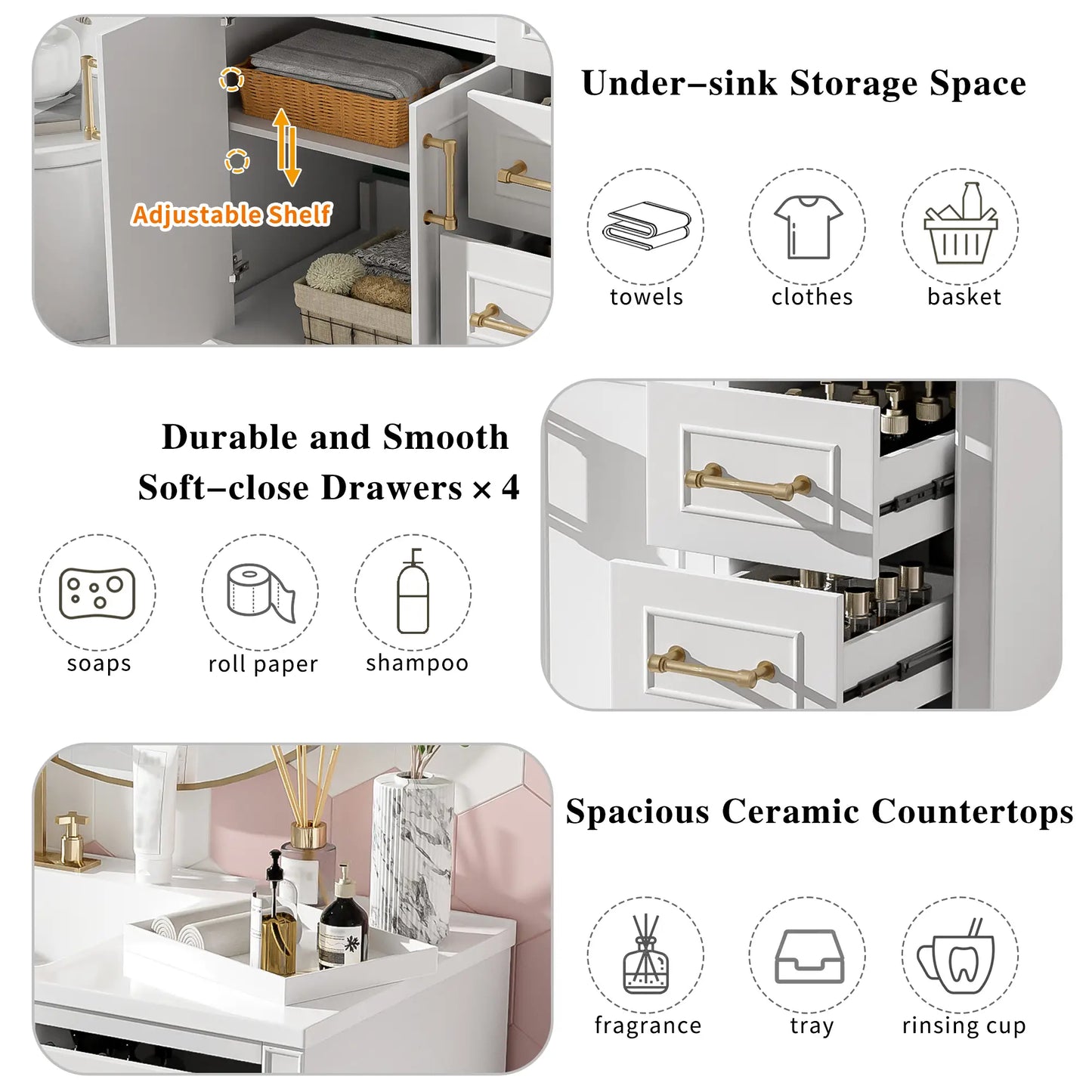 Bathroom Vanity, Ceramic Sink, Soft-Close Doors, 36" L x 18.5" W x 34" H, White Sink Cabinets at Gallery Canada