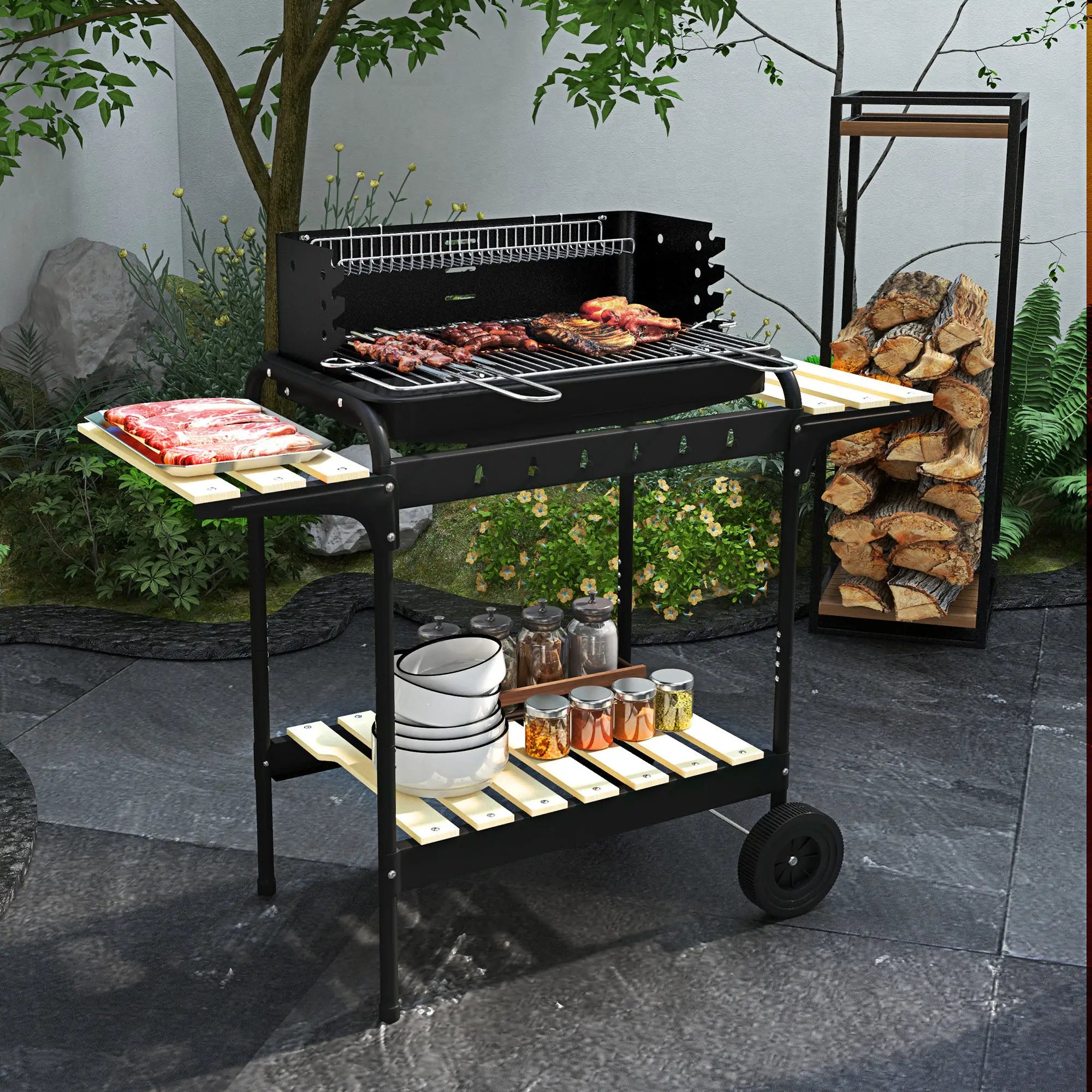 Charcoal Barbecue Grill, Adjustable Height, Portable Trolley With Ash Catcher, Wheels, Black Charcoal BBQ Grils at Gallery Canada