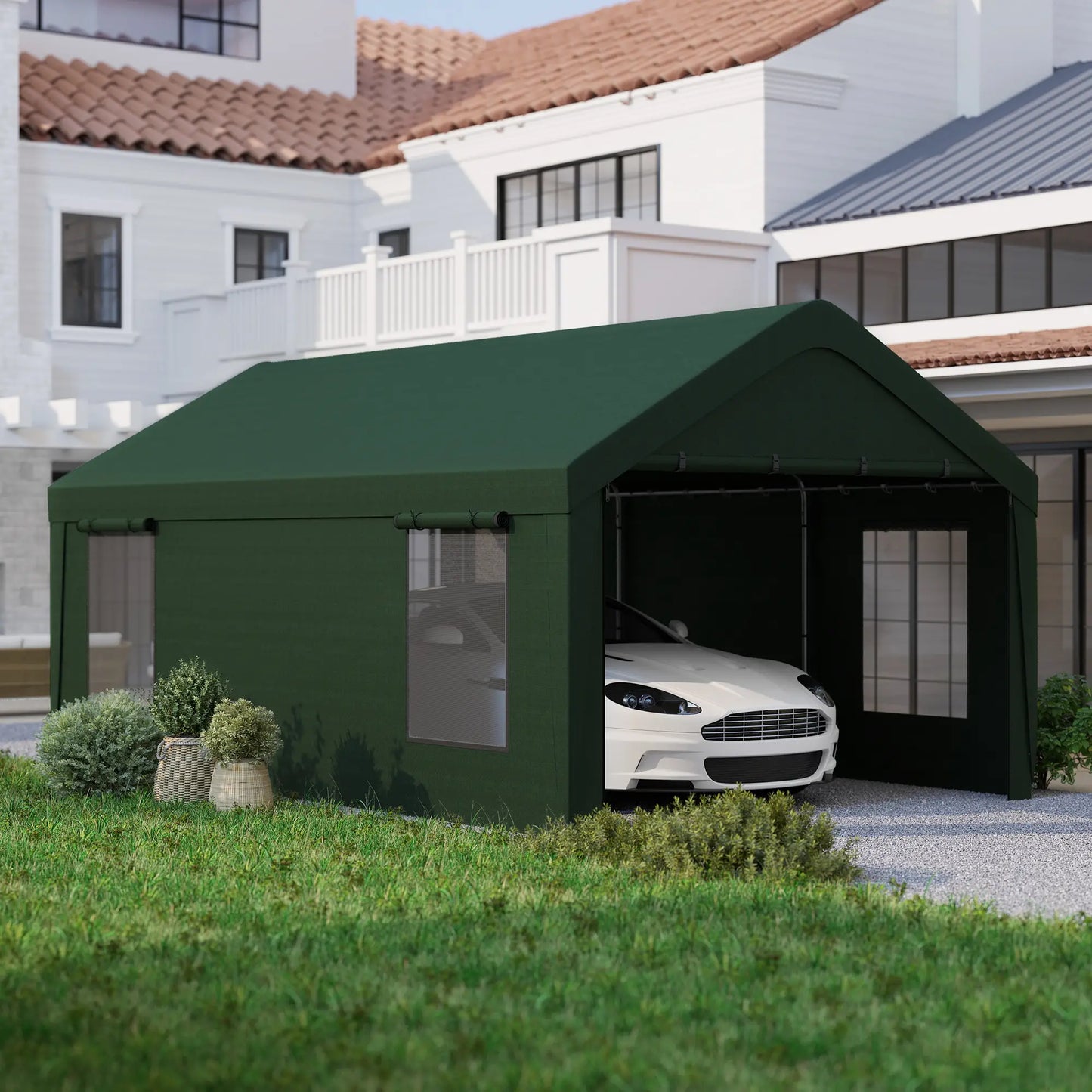 12 x 20ft Abri d'auto, 2 Portes enroulables, 4 Fenêtres, Vert foncé
