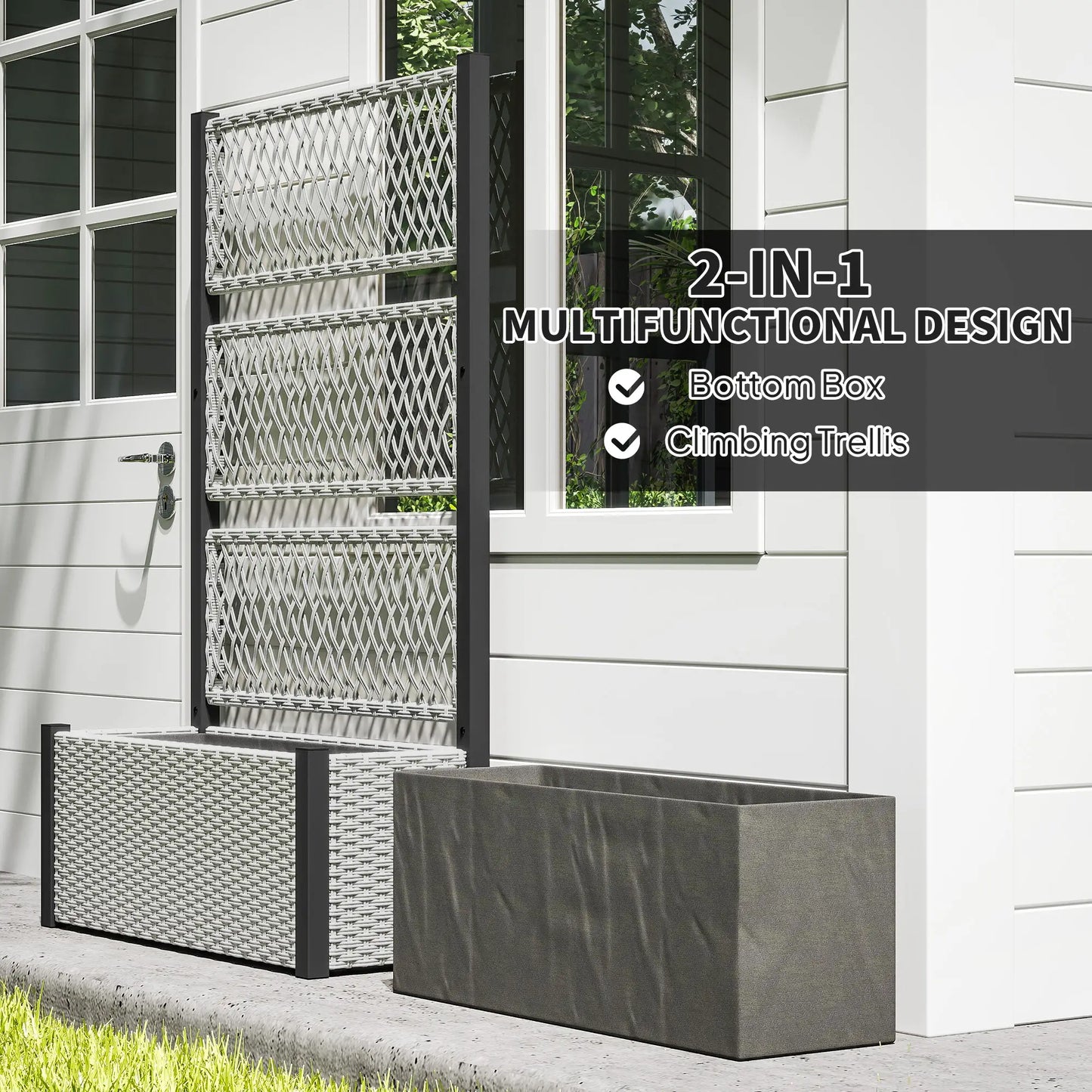 Wicker Outdoor Planter With Trellis, 58" Standing Garden Bed, Mixed Grey Raised Garden Beds at Gallery Canada