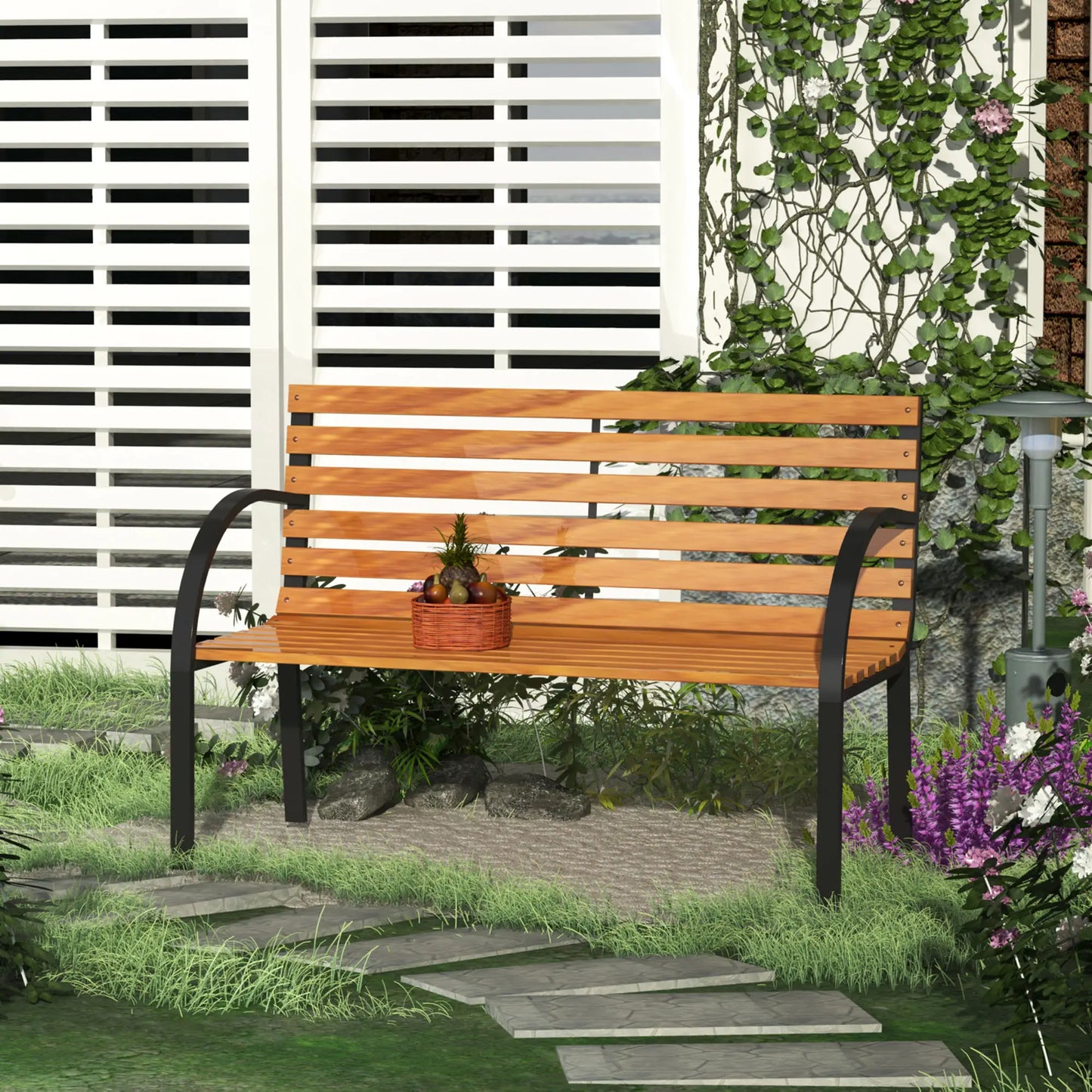 48"L Wooden Garden Bench, Outdoor Patio Loveseat, Steel Frame Outdoor Benches at Gallery Canada