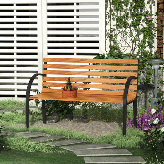 48"L Wooden Garden Bench, Outdoor Patio Loveseat, Steel Frame Outdoor Benches Black, natural wood colour at Gallery Canada
