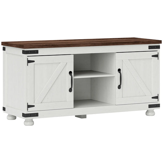 Farmhouse TV Stand for 50" TV, Barn Doors, Cable Management, Distressed White, White TV Stands Distressed White, Rustic Brown at Gallery Canada