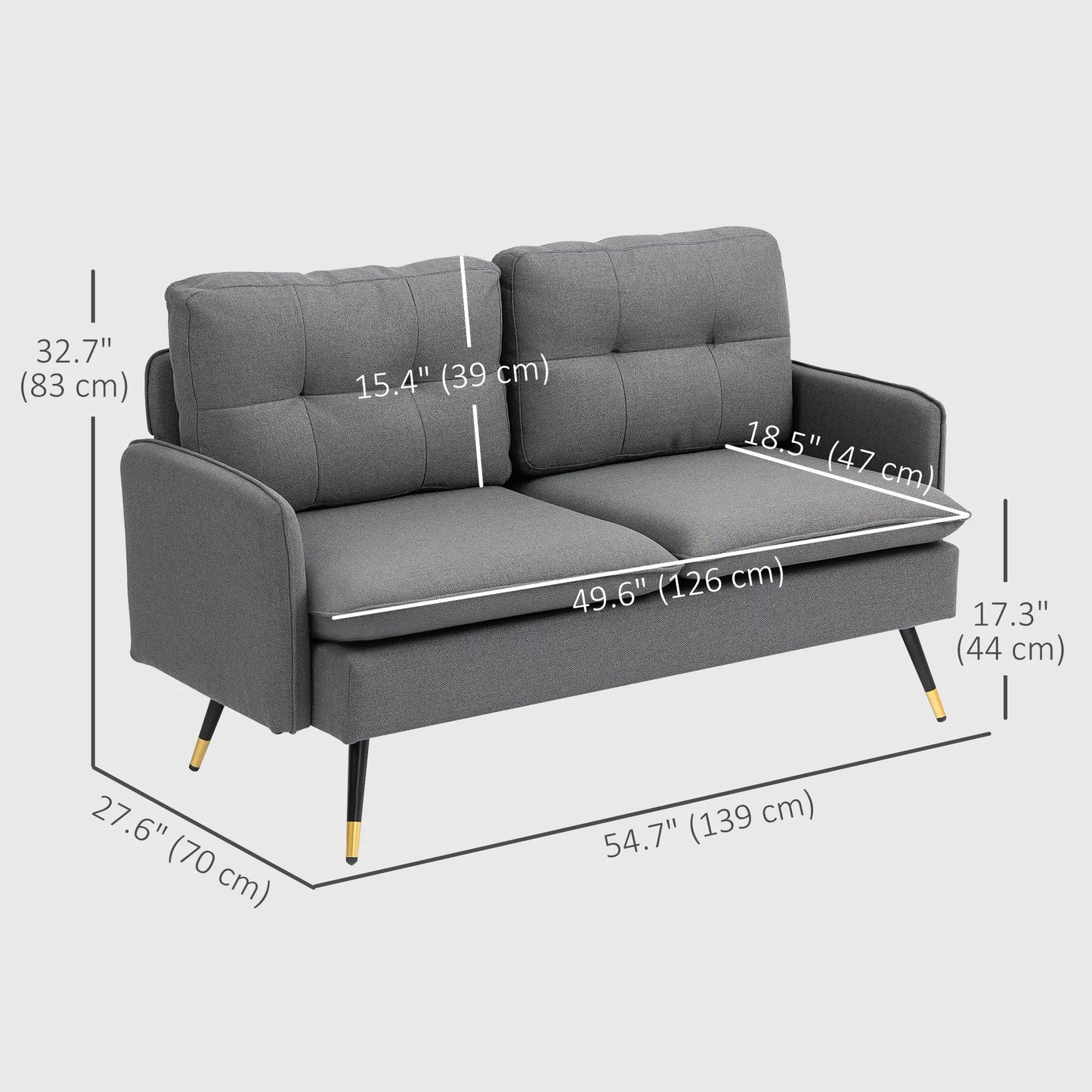 Modern 55" Loveseat, Fabric Sofa, Button Tufted Back, Steel Legs, Dark Grey 2-Seater Sofas at Gallery Canada