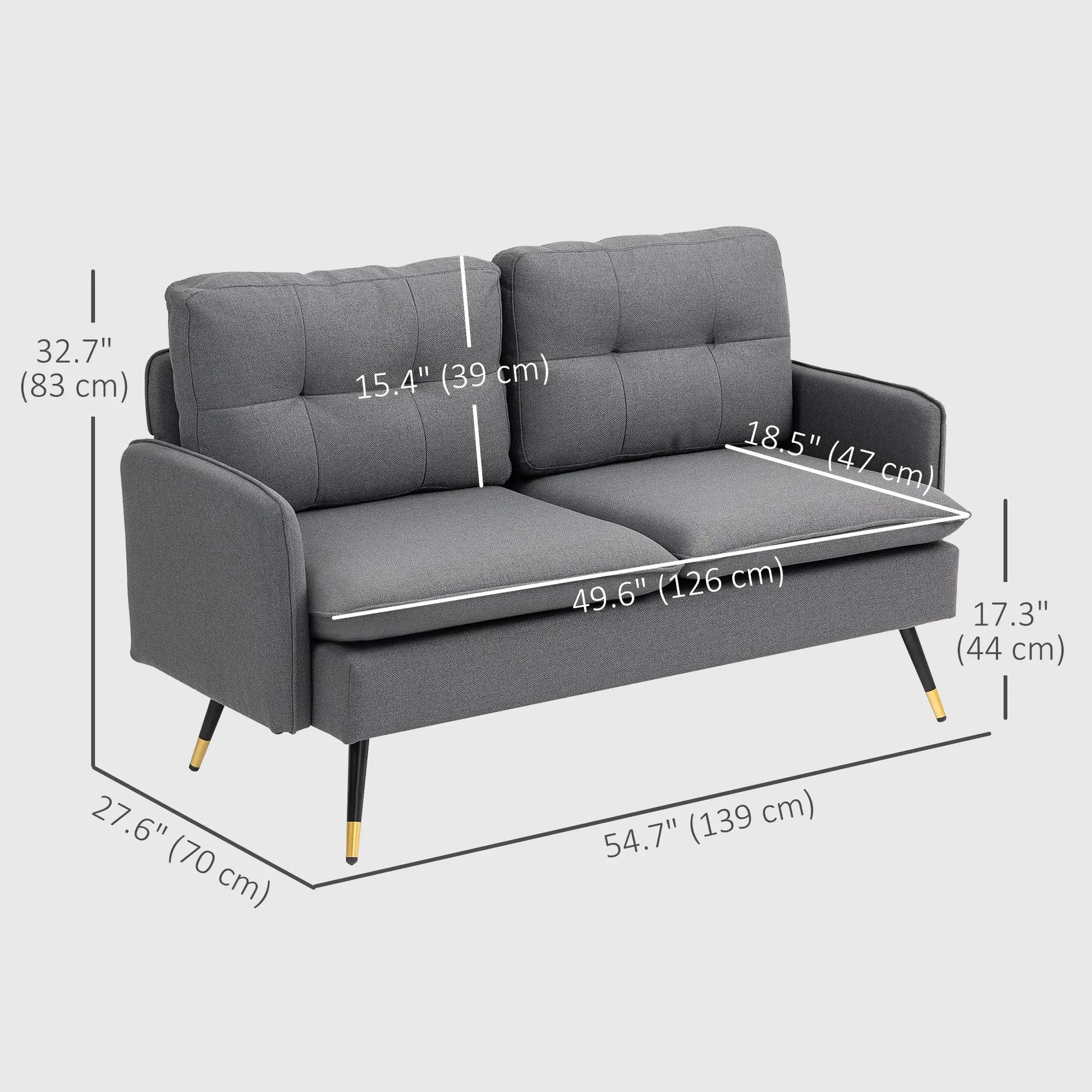 Modern 55" Loveseat, Fabric Sofa, Button Tufted Back, Steel Legs, Dark Grey 2-Seater Sofas at Gallery Canada