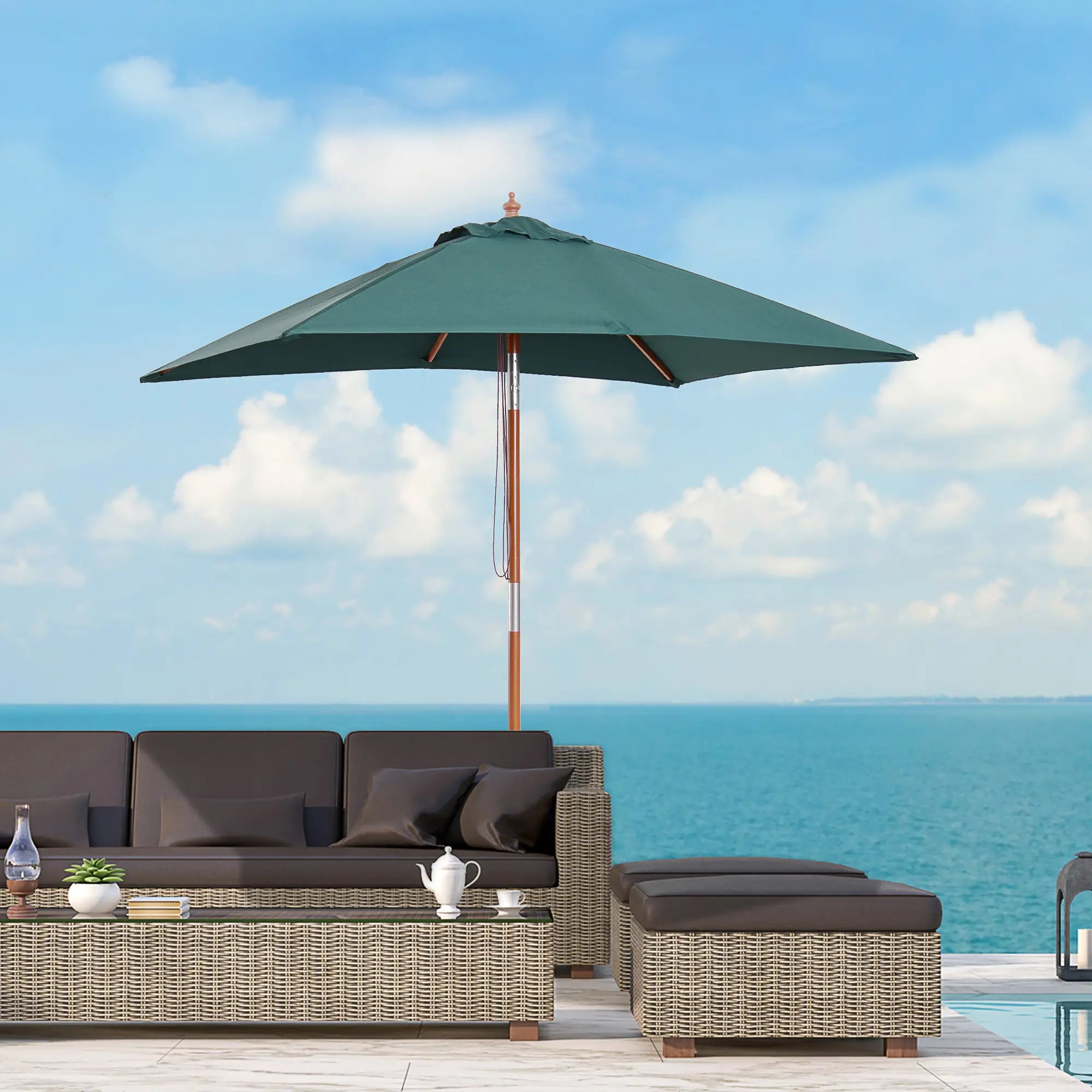 6.6x5ft Square Wooden Patio Umbrella, Tilt Mechanism, 6 Bamboo Ribs, Green Sun Umbrellas at Gallery Canada