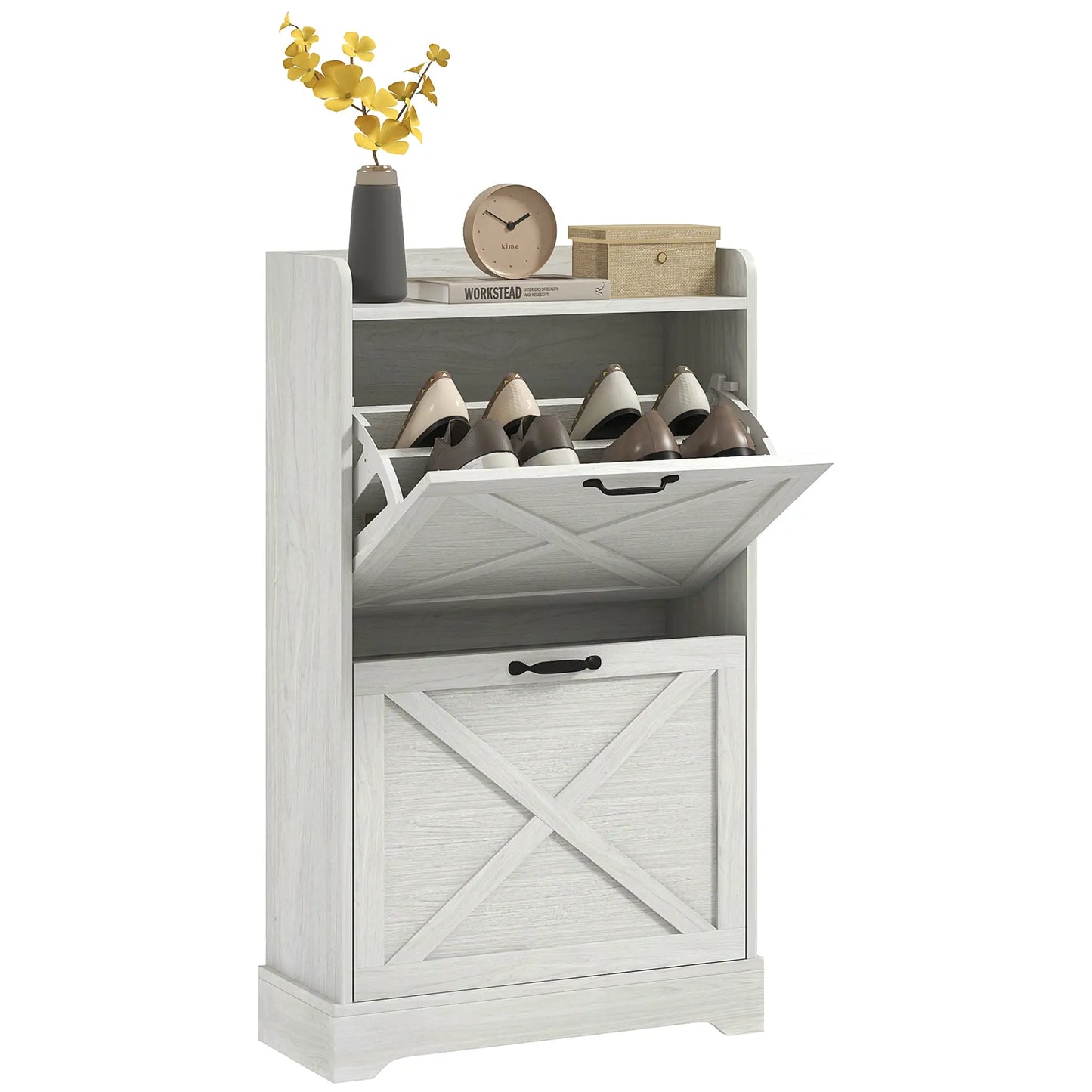 Slim Shoe Storage Cabinet, Farmhouse Style, 2 Flip Drawers, Adjustable Shelves, Holds 8 Pairs, Distressed, White Shoe Storage Cabinets & Racks at Gallery Canada