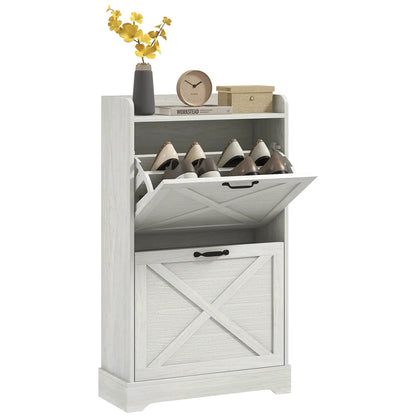 Slim Shoe Storage Cabinet, Farmhouse Style, 2 Flip Drawers, Adjustable Shelves, Holds 8 Pairs, Distressed, White Shoe Storage Cabinets & Racks at Gallery Canada