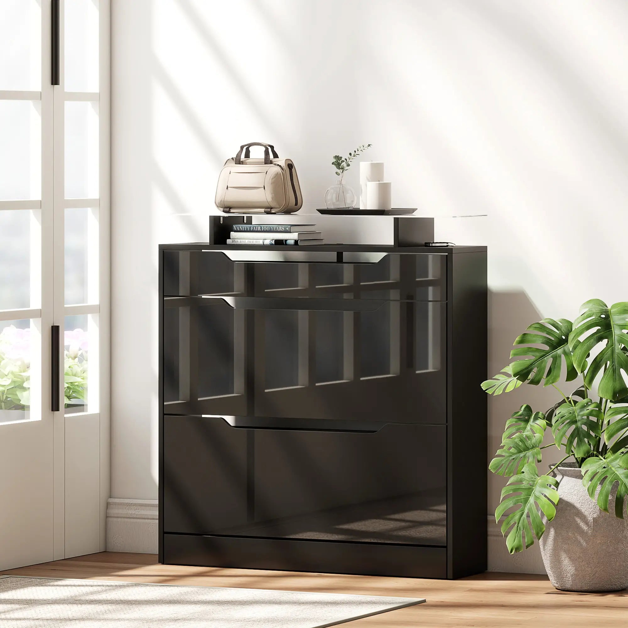 High Gloss Shoe Cabinet, 2 Flip Drawers, Adjustable Shelves, Black, Black Storage Cabinets at Gallery Canada