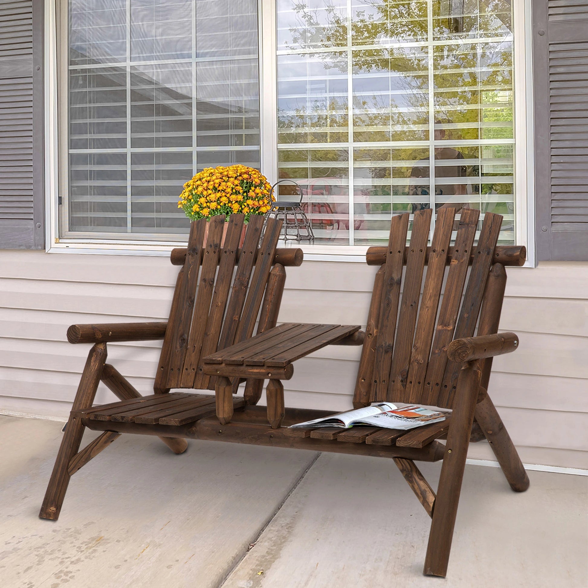 Wood Adirondack Patio Chair Bench, Center Coffee Table, Carbonized Outdoor Benches at Gallery Canada