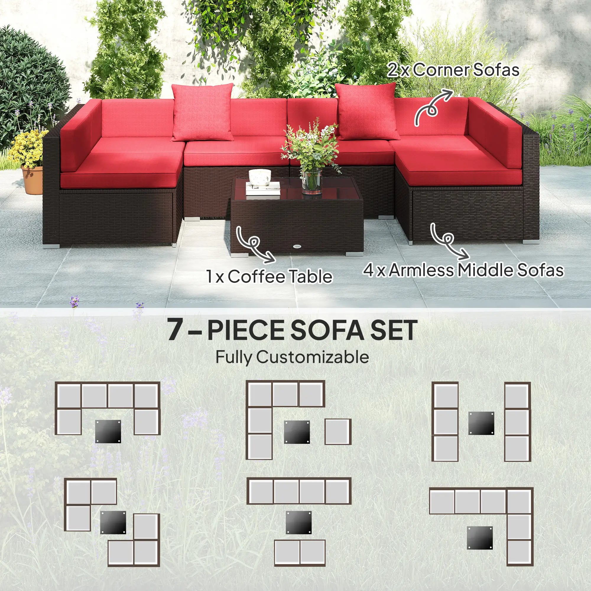 7-Piece Garden Wicker Sectional Set, Patio Sofa, Wine Red Patio Furniture Sets at Gallery Canada