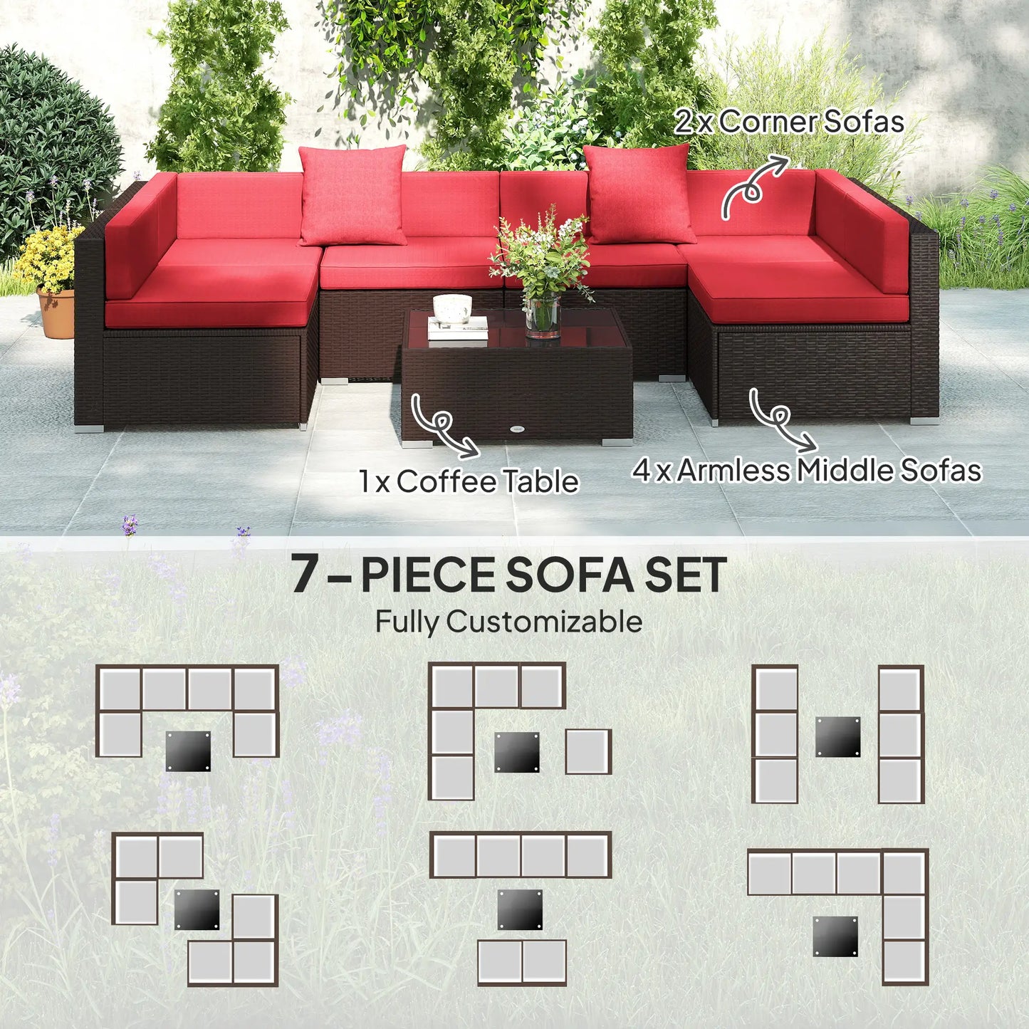 7-Piece Garden Wicker Sectional Set, Patio Sofa, Wine Red Patio Furniture Sets at Gallery Canada