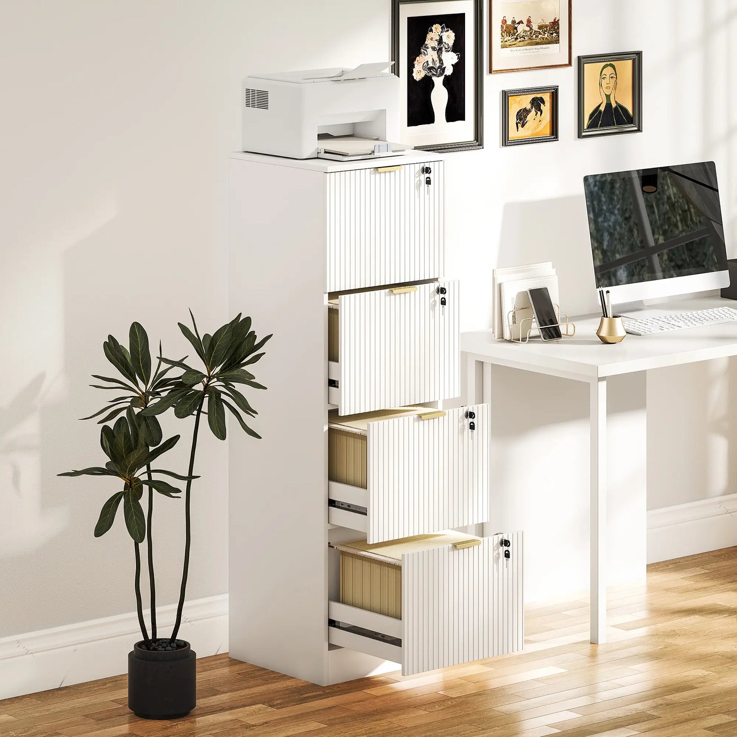 Lockable Filing Cabinet, 4 Drawers, Adjustable Hanging Rails, White Office Cabinets & Cupboards at Gallery Canada