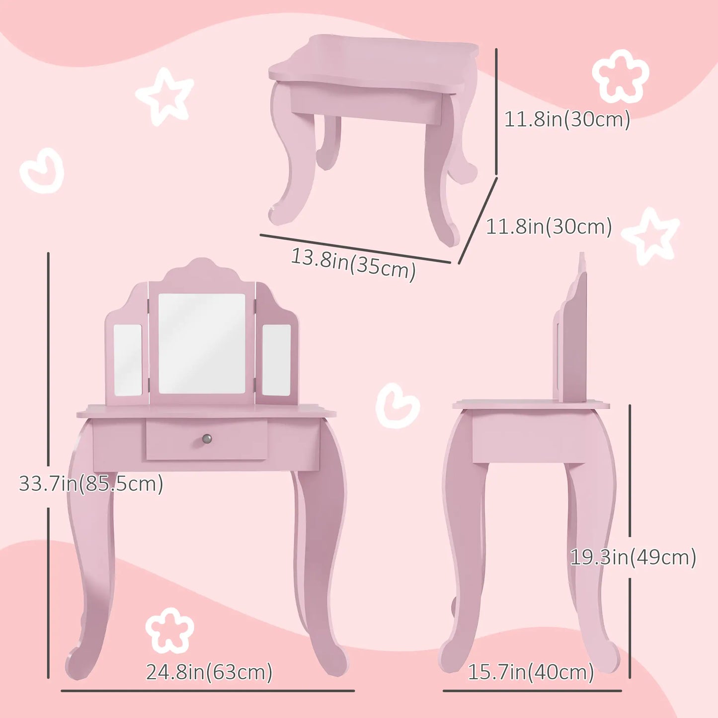 Kids Vanity Table and Stool, Makeup Set with Tri-Folding Mirrors, Pink Kids Bedroom Furniture at Gallery Canada