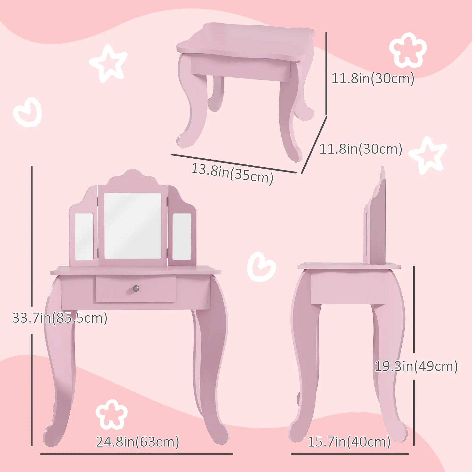 Kids Vanity Table and Stool, Makeup Set with Tri-Folding Mirrors, Pink Kids Bedroom Furniture at Gallery Canada