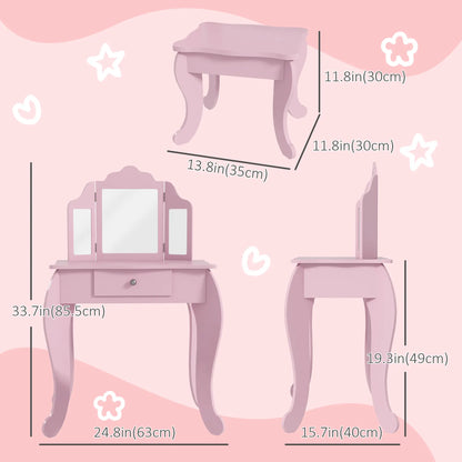 Kids Vanity Table and Stool, Makeup Set with Tri-Folding Mirrors, Pink Kids Bedroom Furniture at Gallery Canada