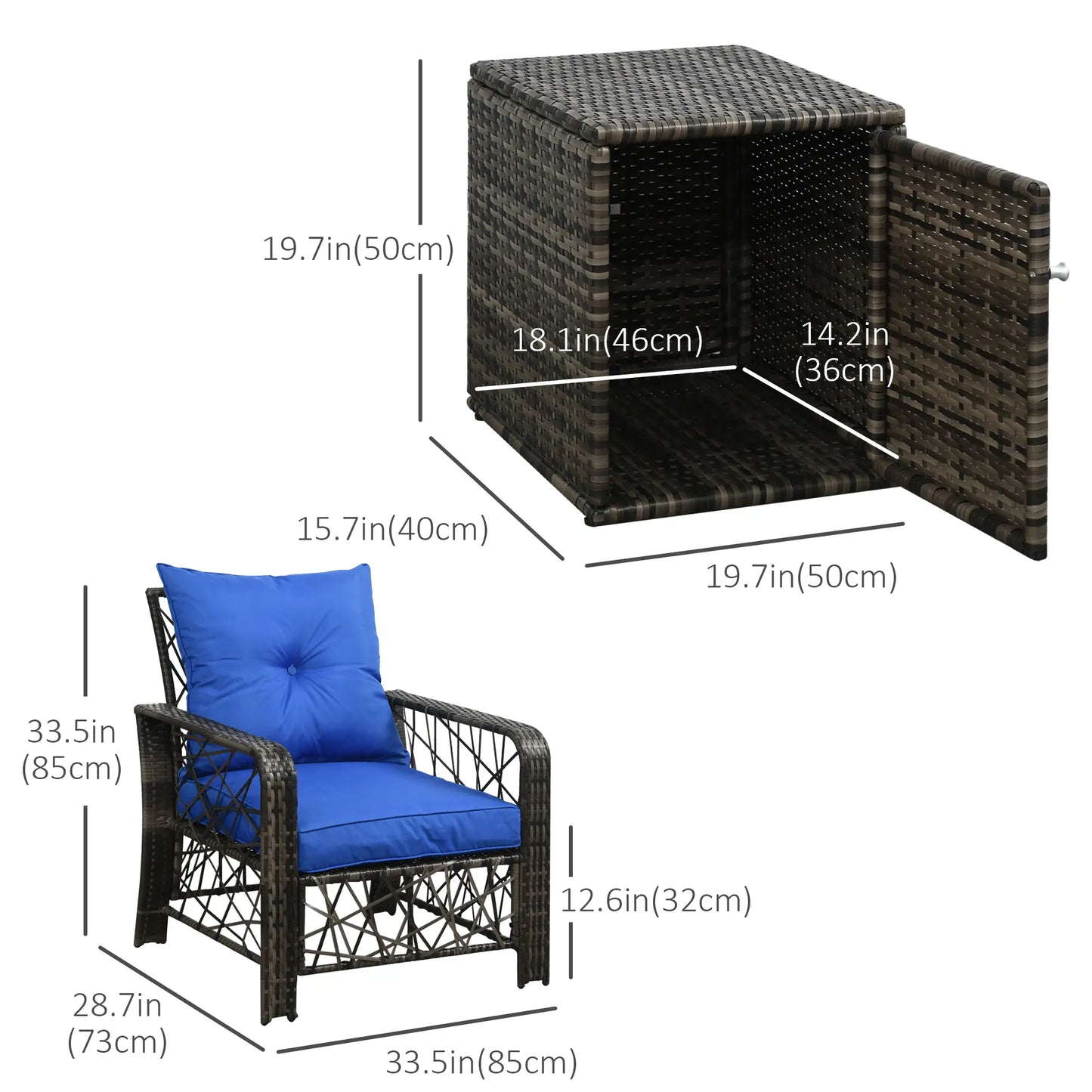 3 Pc Wicker Patio Set, Rattan Bistro with Storage Table, Thick Cushions, Blue Bistro Sets at Gallery Canada