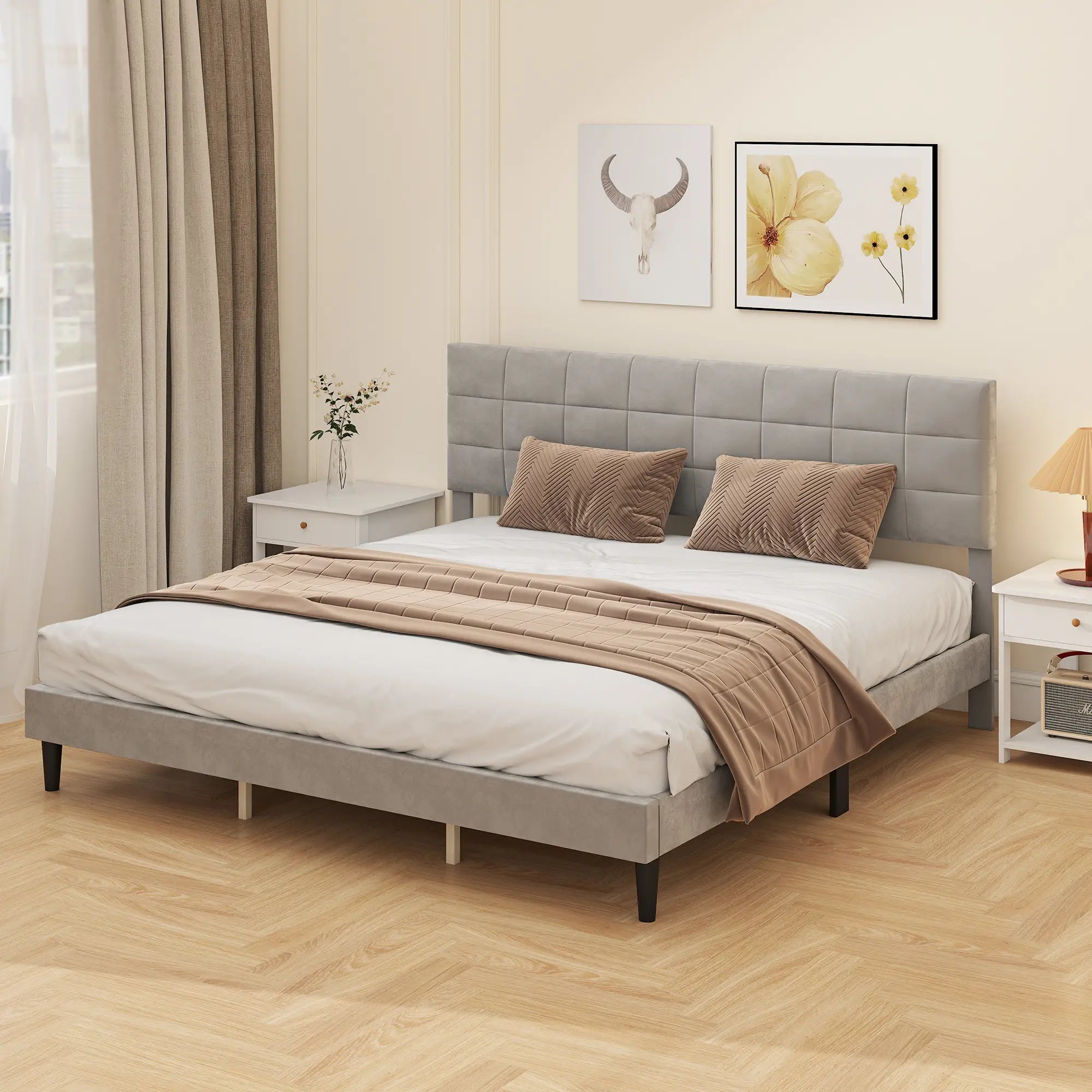 King Size Bed Frame, Upholstered Headboard, Wood Slats, 1100 lbs, Grey Bed Frames at Gallery Canada