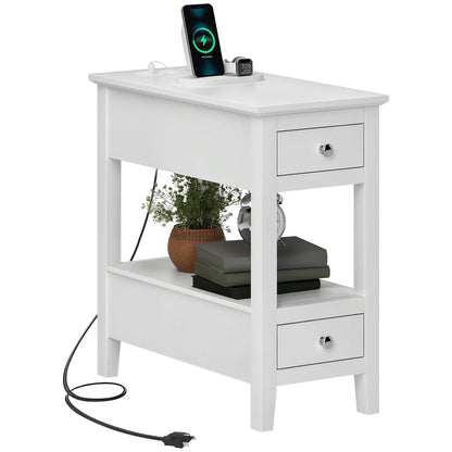 Narrow Side Table, Charging Station, USB Ports, Storage Shelf, Drawers, White Side Tables at Gallery Canada
