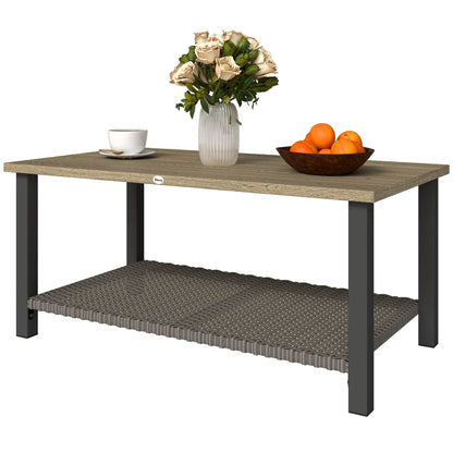 2-Tier Rectangle Outdoor Coffee Table, Wood-Effect Metal Top, Wicker Shelf, Brown Patio Side Tables Brown, Black at Gallery Canada