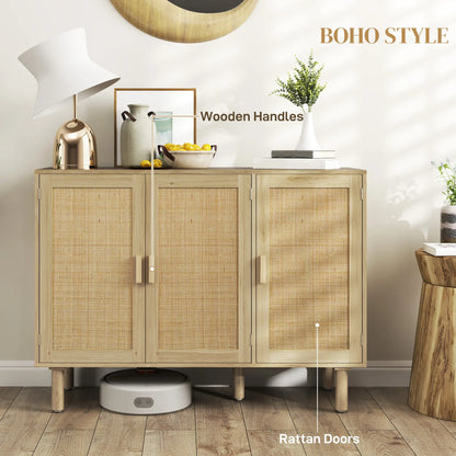 Bohemian Sideboard, 46.9" Buffet Cabinet, 3 Rattan Doors, Shelves, Oak Storage Cabinets at Gallery Canada