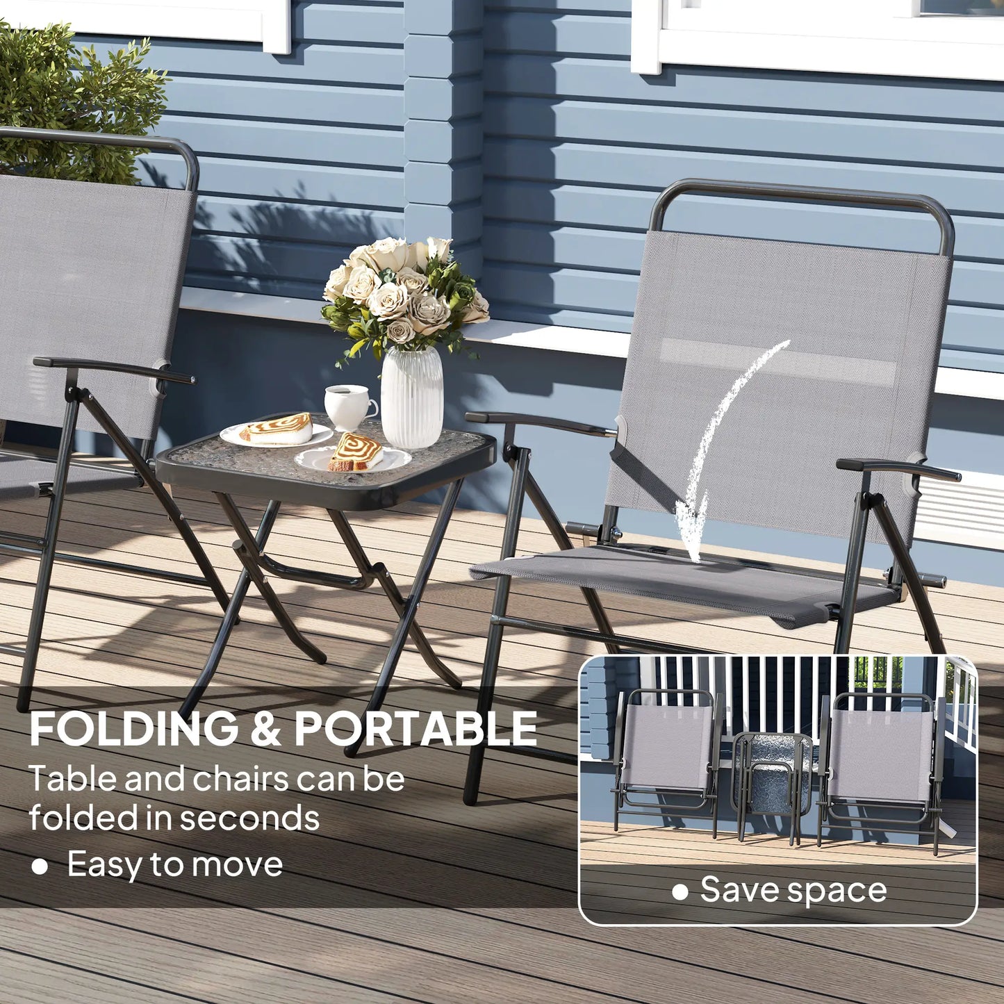 Folding Bistro Set, Adjustable Chairs, Glass Top Table, Grey Bistro Sets at Gallery Canada