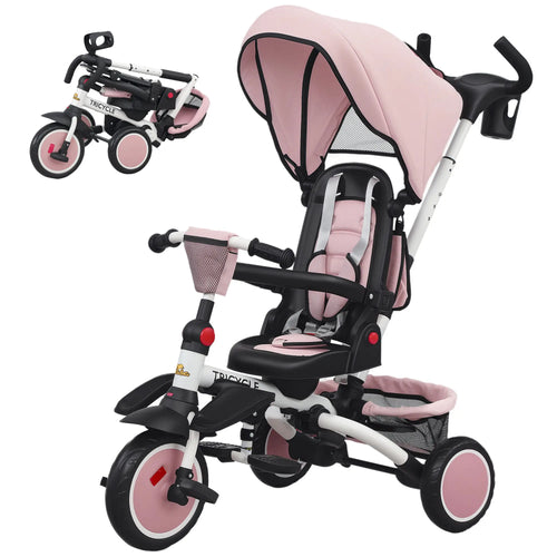 6 in 1 Toddler Tricycle, Push Handle, Removable Canopy, Rotatable Seat, Pink