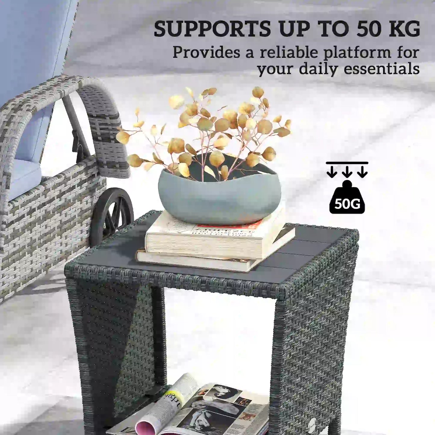 17.7" Square Wicker Side Table, Storage Shelf, Grey Patio Side Tables at Gallery Canada