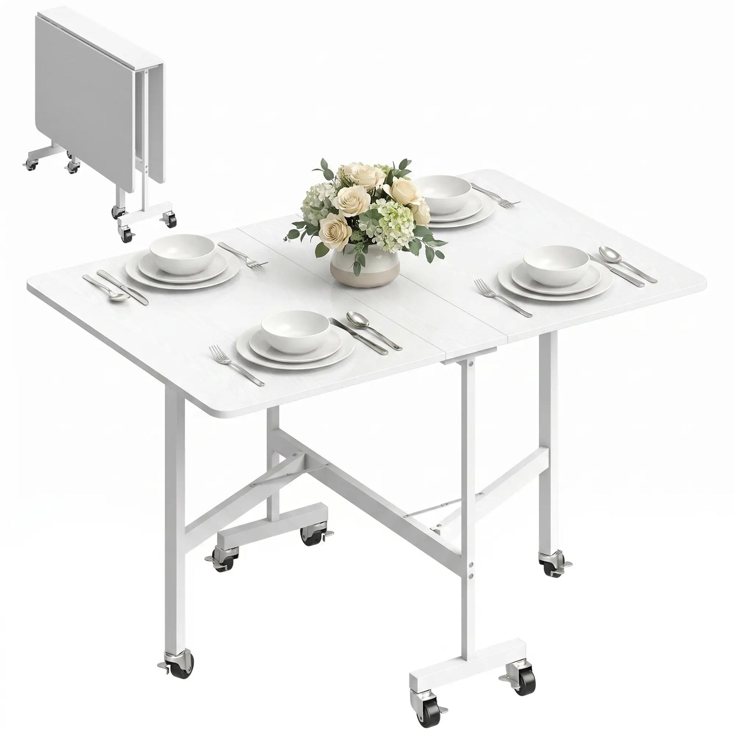 Six-Seater Drop-Leaf Dining Table with Wheels, White