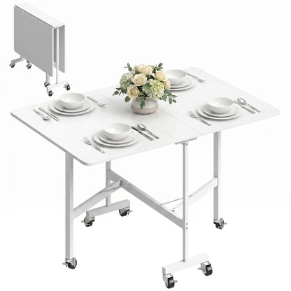Six-Seater Drop-Leaf Dining Table with Wheels, White