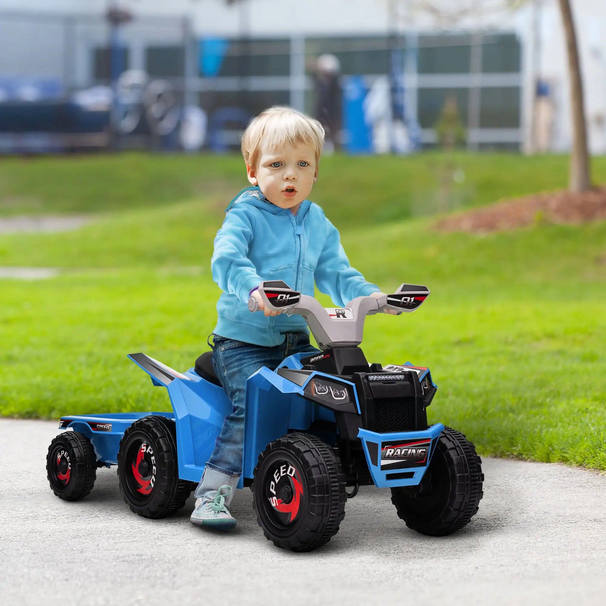 6V Kids ATV Quad, Battery Powered Electric Vehicle with Back Trailer, Wear-Resistant Wheels, Blue Electric Toy Cars at Gallery Canada