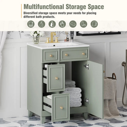24" Bathroom Vanity, 4 Drawers, Ceramic Sink, Solid Wood, Green+White Sink Cabinets at Gallery Canada