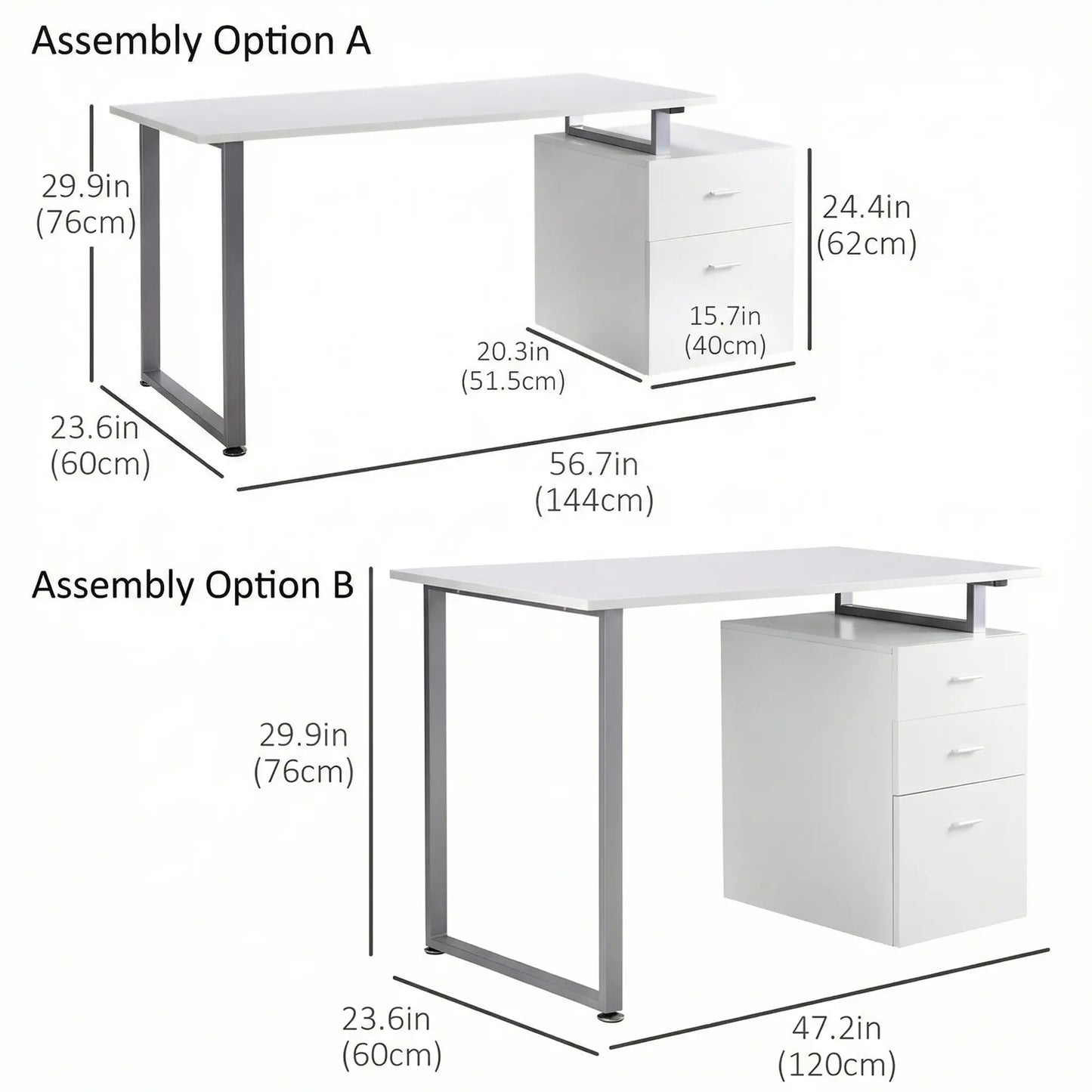 47" L Computer Desk, Metal Frame, Reversible File Drawers, White Writing Desks at Gallery Canada