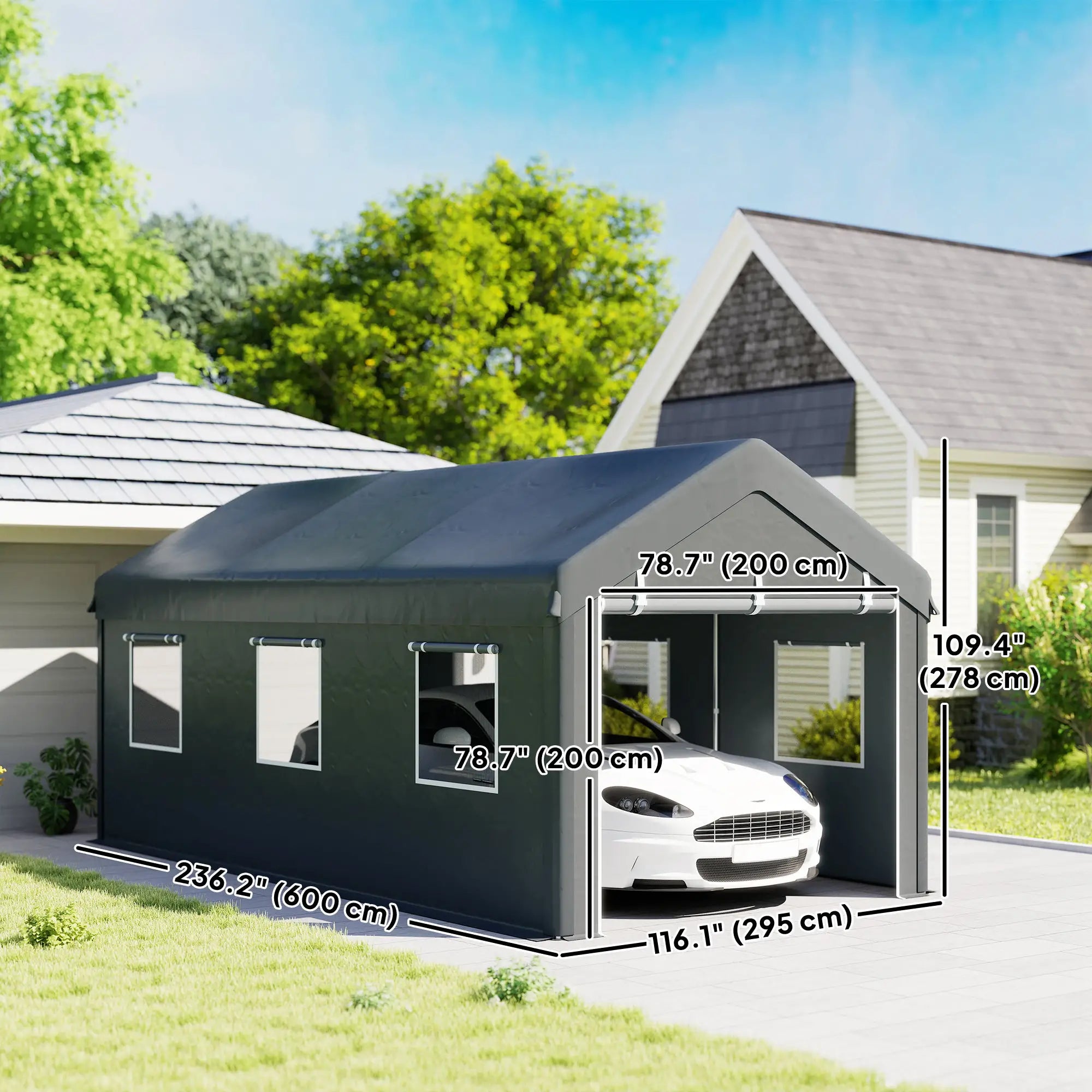 10' x 20' Heavy Duty Portable Garage, 6 Mesh Windows, 2 Doors, Dark Grey Car Shelters at Gallery Canada
