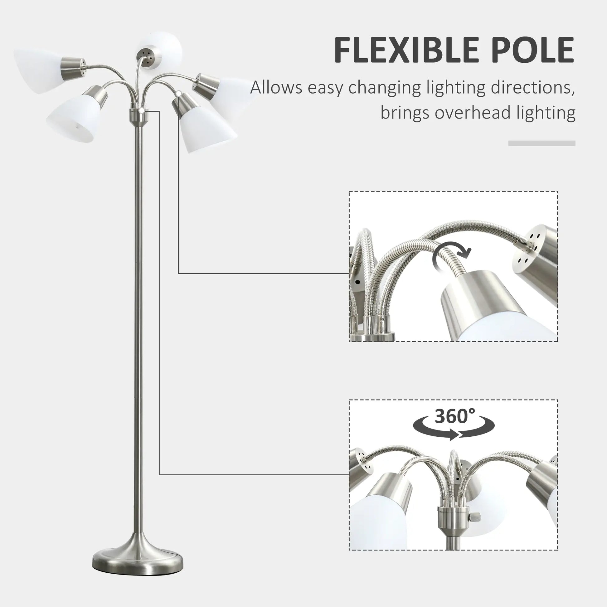 Arc Tree Floor Lamp with 5 Adjustable Rotating Lights, Modern Standing Gooseneck Reading Light for Living Room Bedroom Office, Satin Nickel Floor Lamps & Ceiling Fan Lights at Gallery Canada