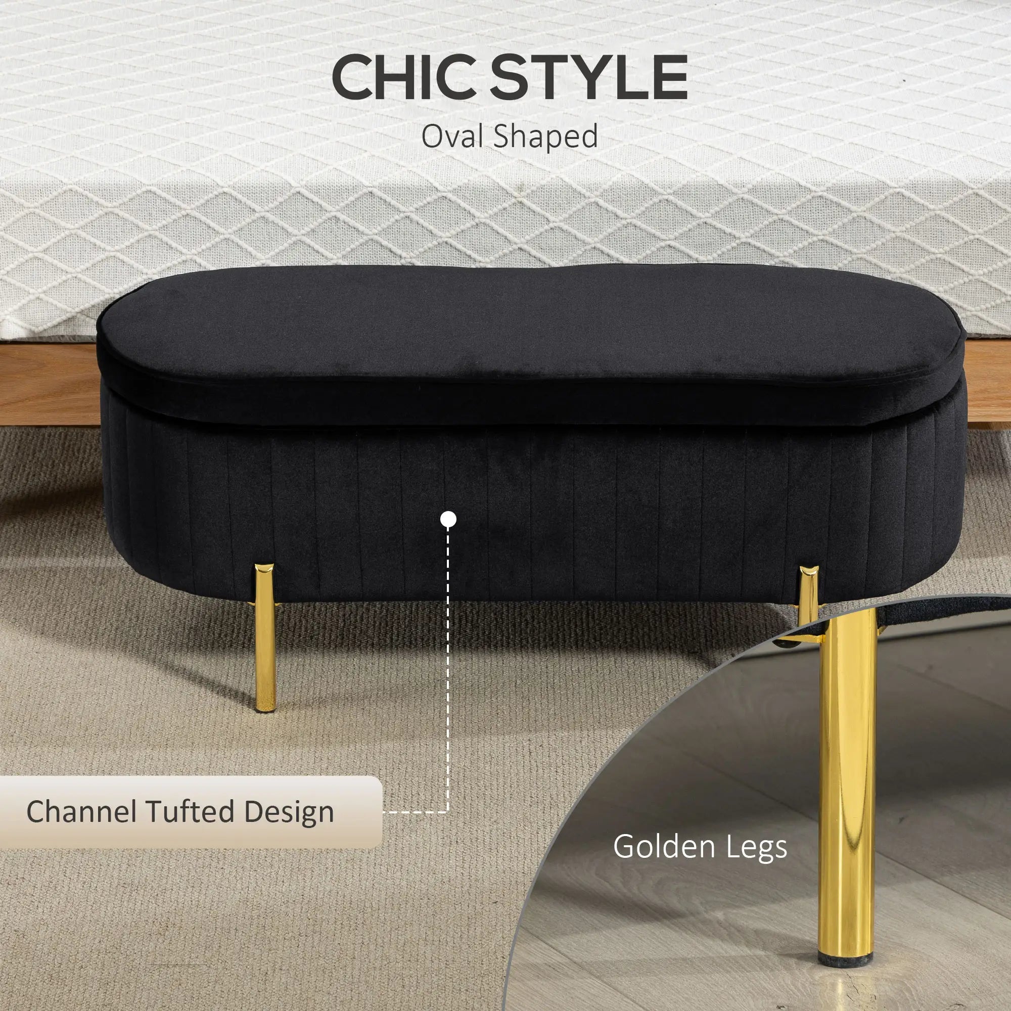 Upholstered Bedroom Bench, Channel Tufted Ottoman, Black Storage Ottomans & Benches at Gallery Canada