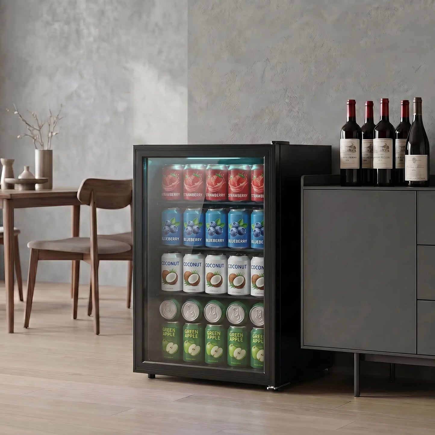 2.1 Cu.Ft Beverage Fridge, 85 Can, Glass Door, Auto-Defrost, LED, Black