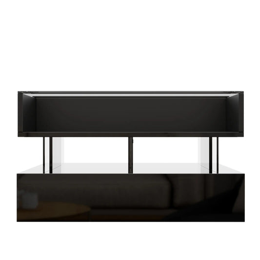 Glass Top LED Coffee Table, Storage Drawer, Adjustable Height, 26" L x 21.5" W x 21.5" H, Black Coffee Tables Black at Gallery Canada