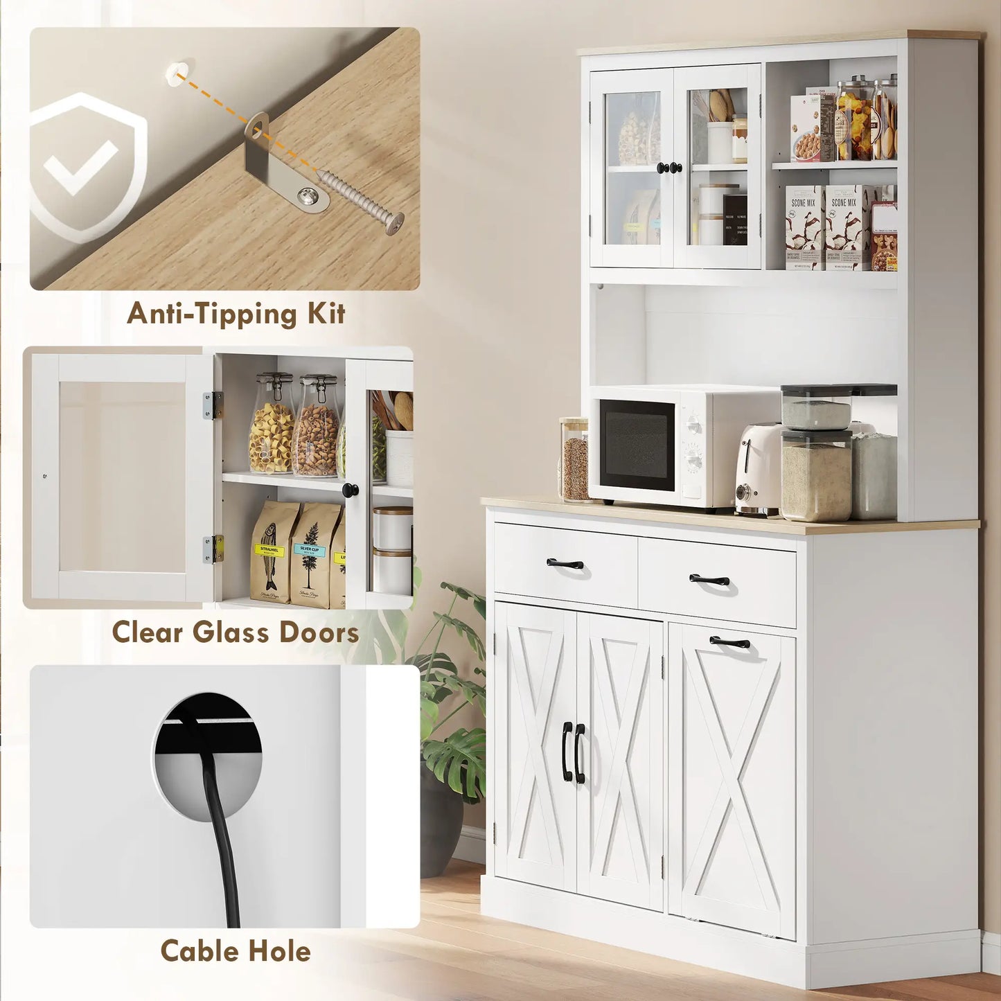 69" Pantry Cabinet With Charging Station, Microwave Stand, Tilt-Out Trash Can, White Kitchen Pantry Cabinets at Gallery Canada