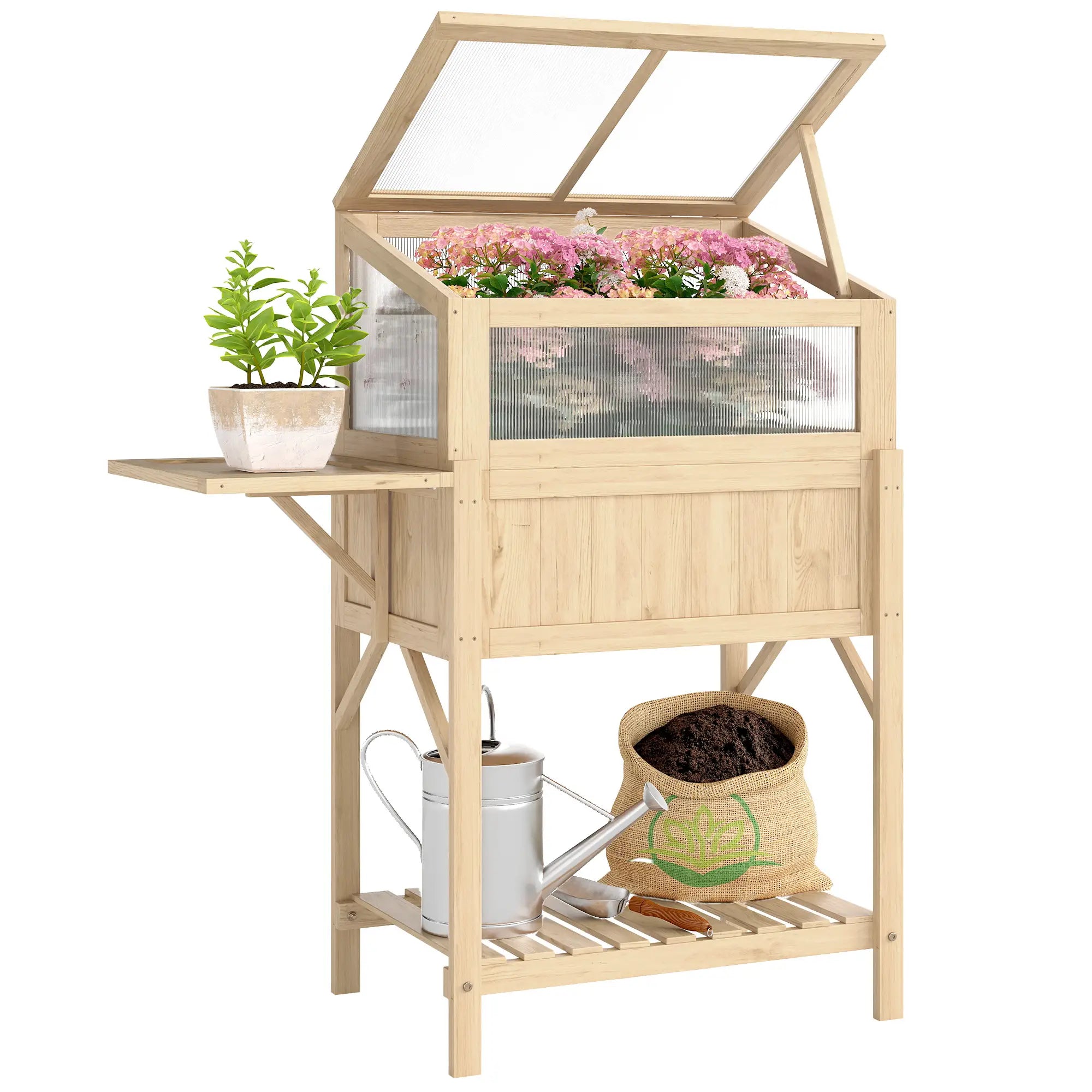 Raised Garden Bed Planter With Cold Frame, Wooden Elevated Planter Box With Folding Side Table And Shelf, Natural Wood Elevated Garden Beds at Gallery Canada