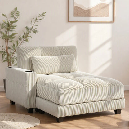 58" Corduroy Chaise Lounge Sofa Bed With Cup Holders, Cream White Sofas & Reclining Chairs at Gallery Canada