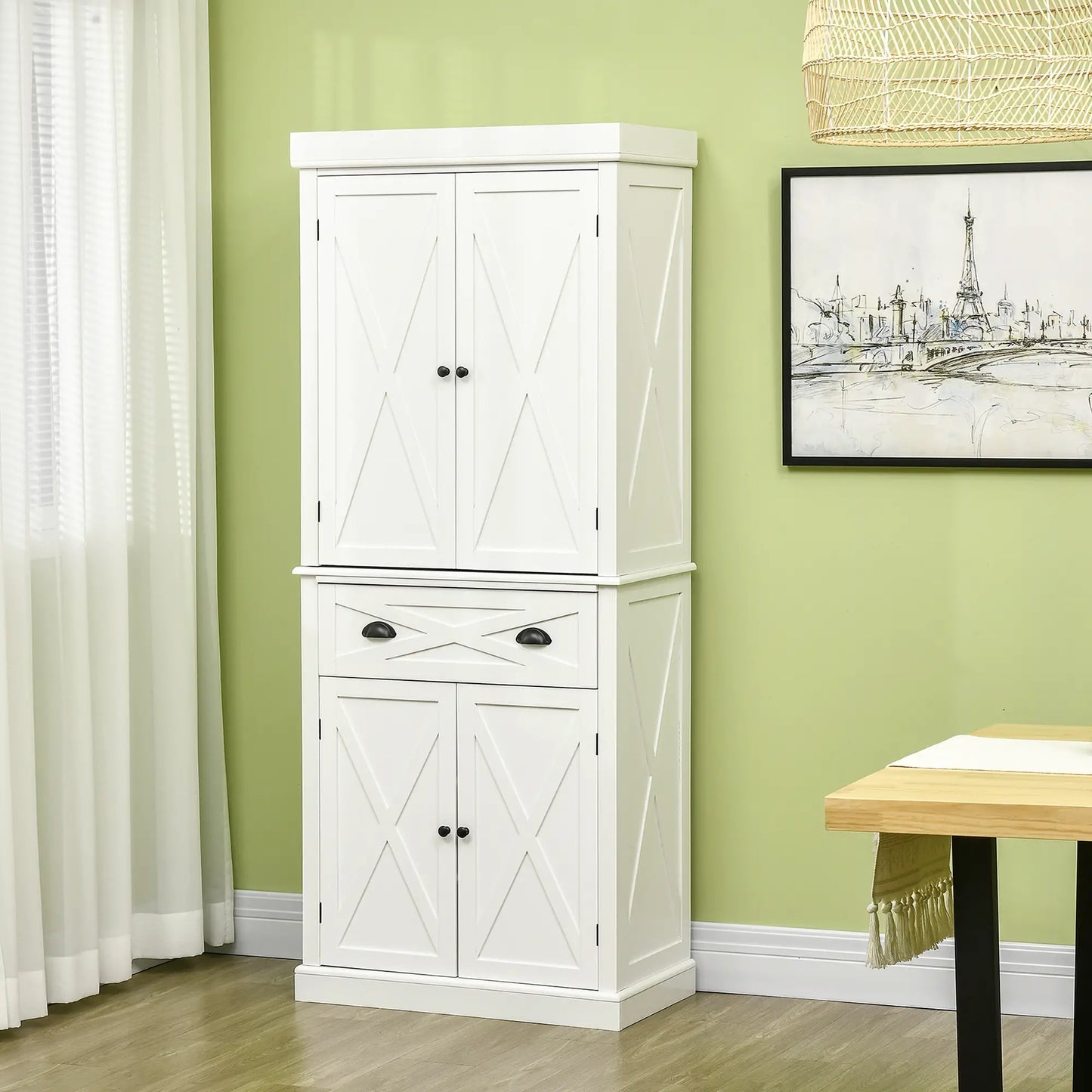 72.5" Kitchen Pantry Cabinet, 4 Doors, Drawer, Adjustable Shelves, White