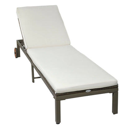 Rattan Sun Lounger, 4-Level Adjustable Backrest, Wheels, Cushion, Cream White Chaise Loungers at Gallery Canada