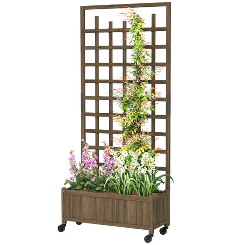Wooden Planter With Trellis, Raised Garden Bed With Wheels, Brown