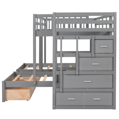 Twin Over Full Bunk Bed with Drawers, Guardrails, Pine Frame, 115" L x 76" W x 64.5" H, Grey Bed Frames at Gallery Canada