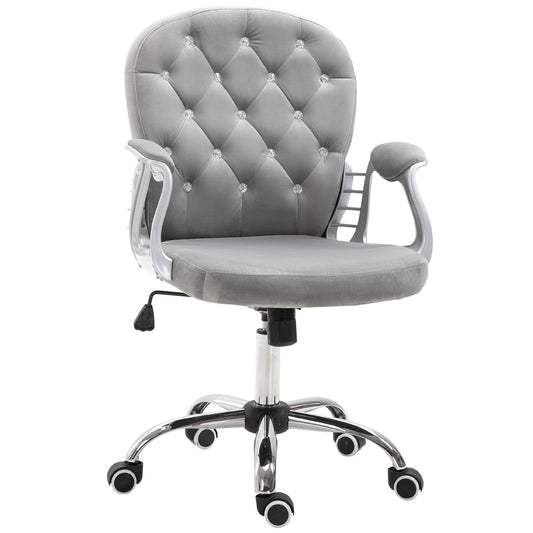 Velvet Vanity Office Chair, Button Tufted Swivel Chair with Adjustable Height, Padded Armrests and Tilt Function, Grey - Gallery Canada