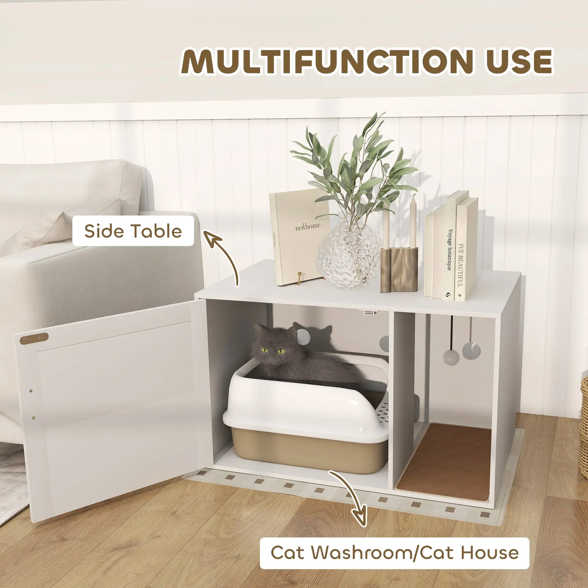 Cat Litter Box Enclosure, End Side Table with Rattan Door, Scratching Pad, White Cat Litter Box Enclosures at Gallery Canada