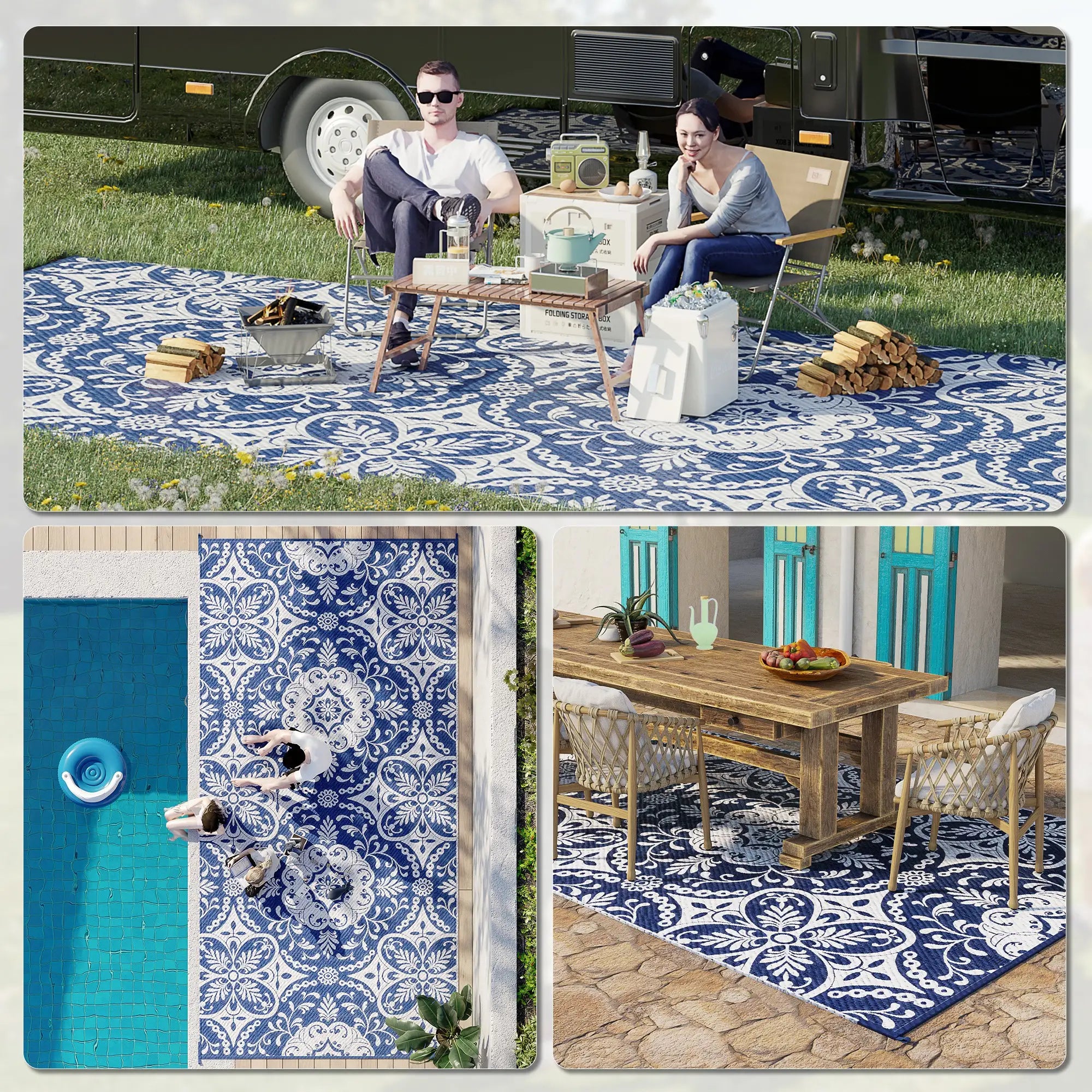 Portable Outdoor Rug, 9' x 18', Waterproof, White Flower, Blue Outdoor Reversible Rugs at Gallery Canada